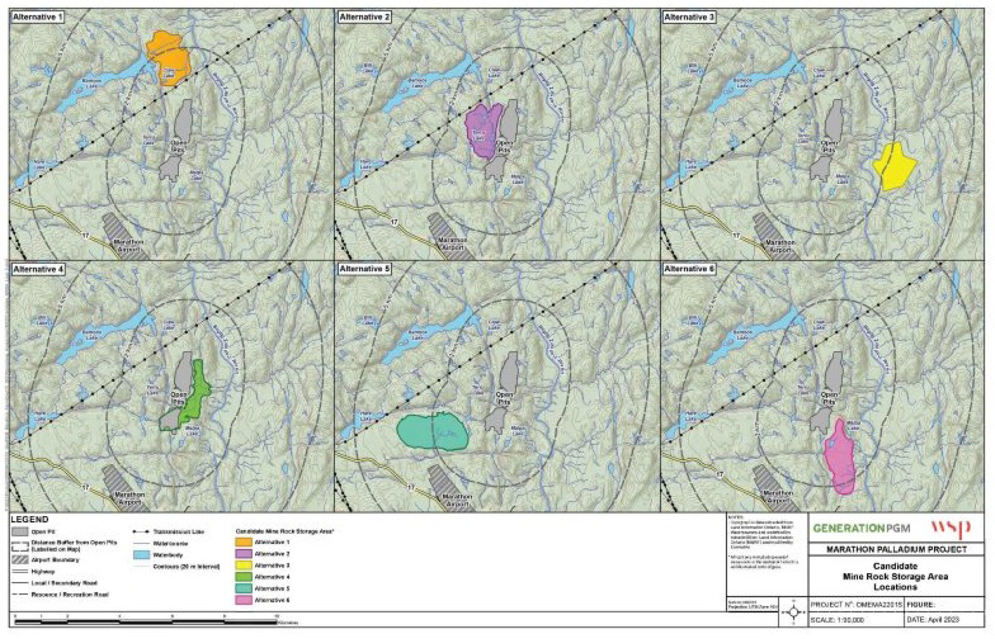 Figure 4: Mine Rock Storage Area Alternatives – Text version below the image