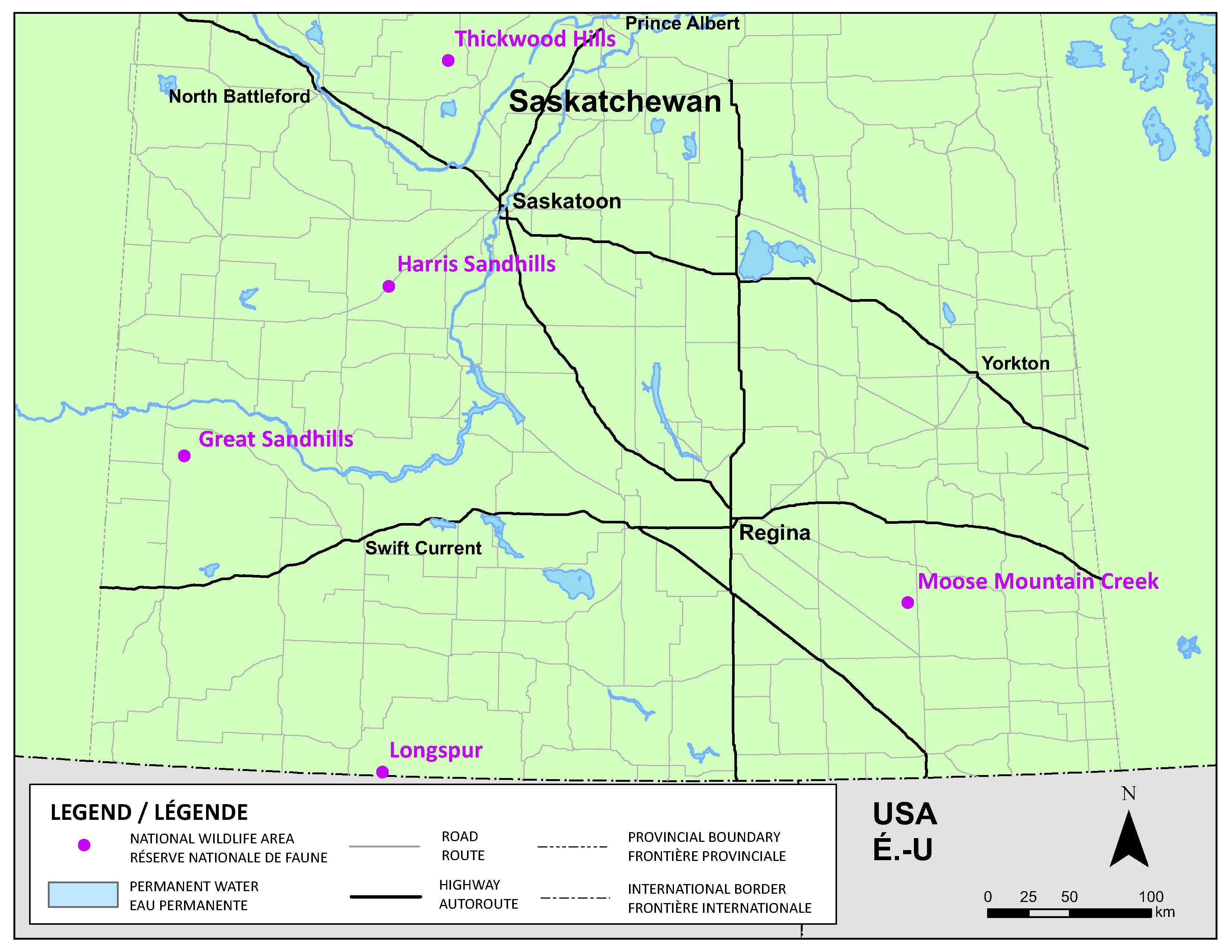 Figure&nbsp;2. Carte montrant l’emplacement des cinq nouvelles réserves nationales de faune – Version textuelle en dessous de la carte