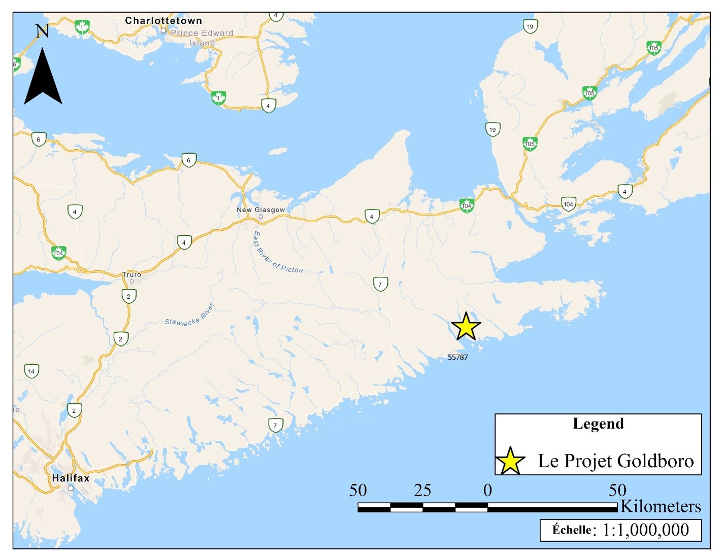 Une carte à l’échelle 1/1 000 000 montre l’emplacement général du projet de mine d’or Goldboro en Nouvelle-Écosse – Version textuelle en dessous de la carte