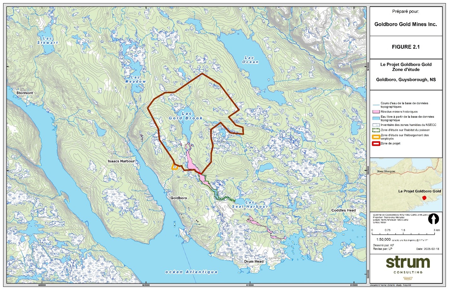 Une carte à l’échelle 1/50&nbsp;000 montre l’emplacement du projet de mine d’or Goldboro en Nouvelle-Écosse – Version textuelle en dessous de la carte