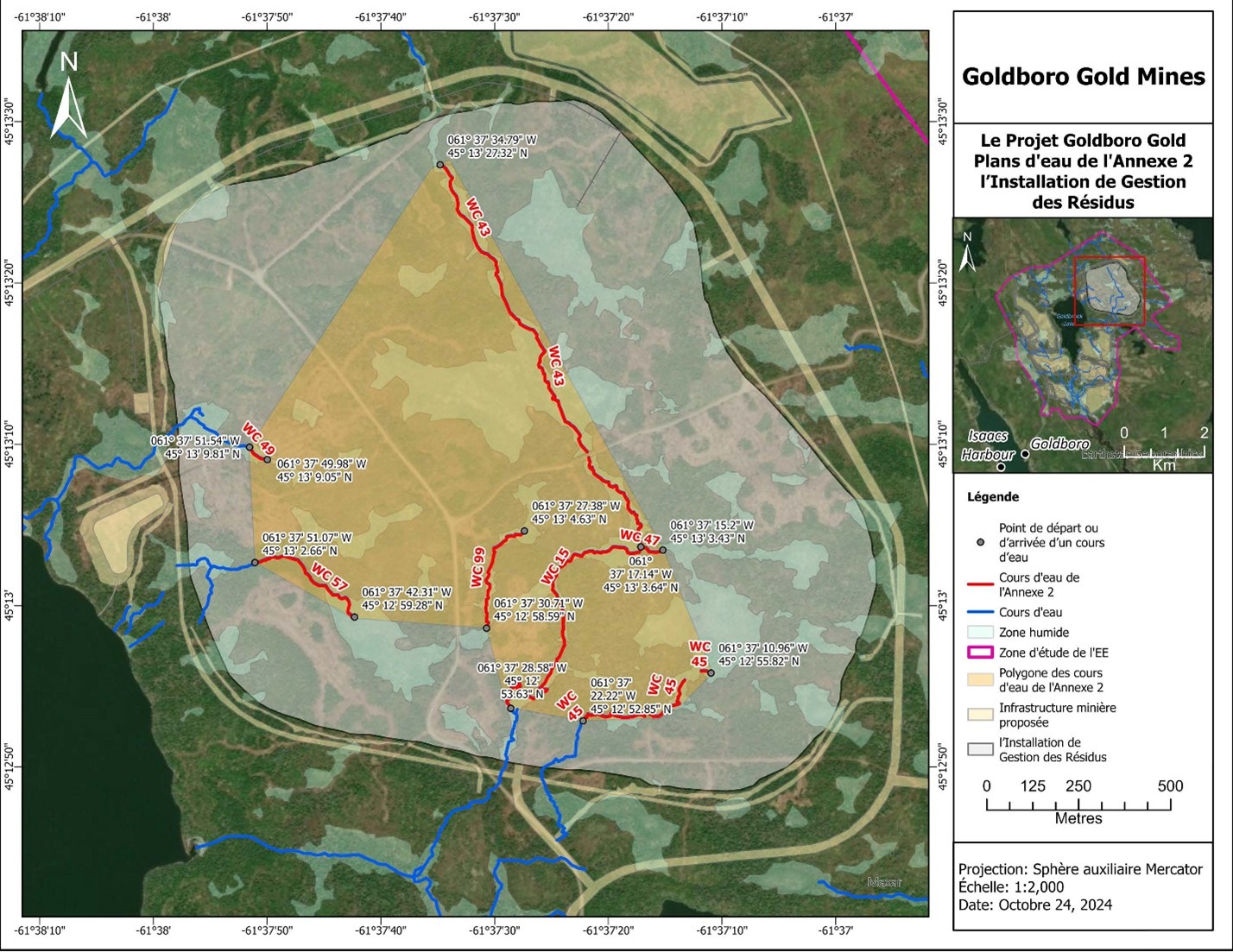 Une carte à l’échelle 1/2&nbsp;000 montre l’emplacement des plans d’eau touchés sur le site minier, en Nouvelle-Écosse, à inscrire à l’annexe 2 du REMMMD – Version textuelle en dessous de la carte