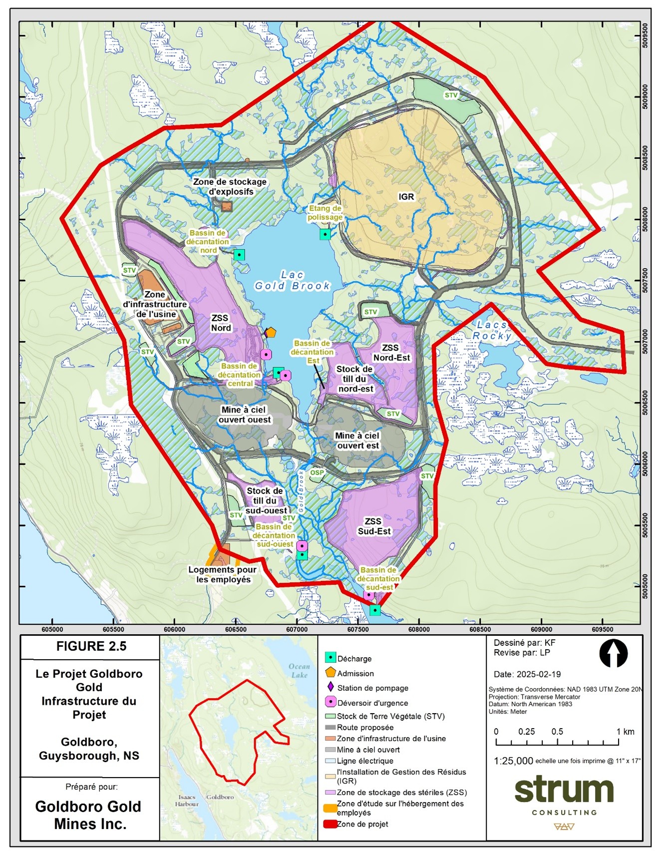 Une carte à l’échelle 1/25&nbsp;000 montre l’infrastructure minière dans la zone du projet pour la mine Goldboro.